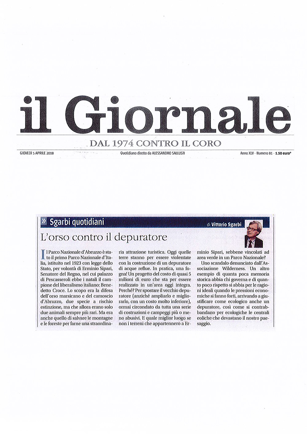 2018 04 05 - Wilderness IT - ARTICOLI - Articolo Sgarbi - Ritaglio